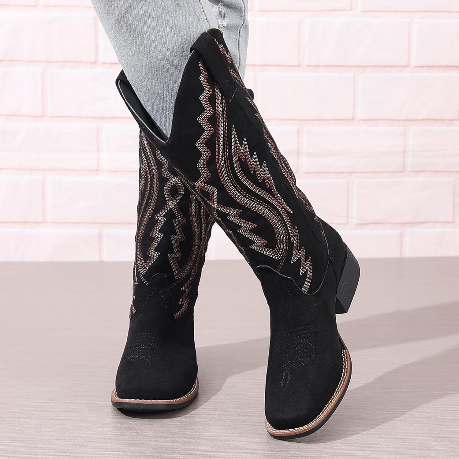 Cowboy Boots for Women Western Boots Cowgirl Embroidery Low Chunky Heel Square Toe Mid Calf US size 6-12
