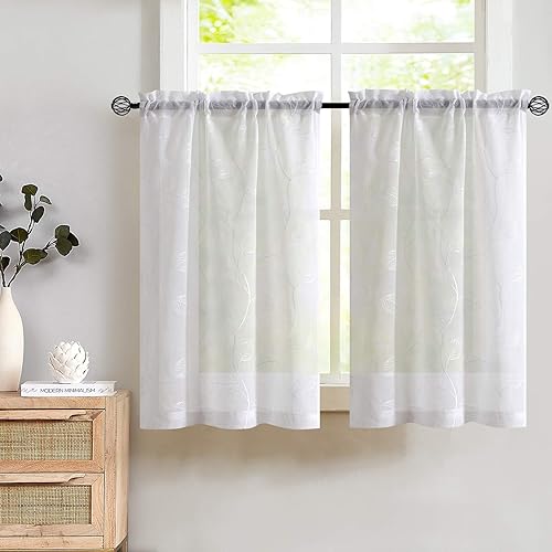 Topick Cortinas transparentes con diseño bordado de hojas, bolsillo para barra, cortinas para ventana de cocina, 2 paneles de 24 pulgadas, color