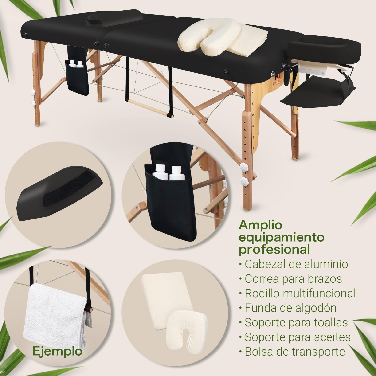 MASSUNDA - Camilla Masaje móvil Confort Deluxe Regulable en Altura - Camilla estetica Ancha de Madera Maciza - Camilla con reposacabezas ergonómico, Funda, reposabrazos, cojín (Negro) Negro