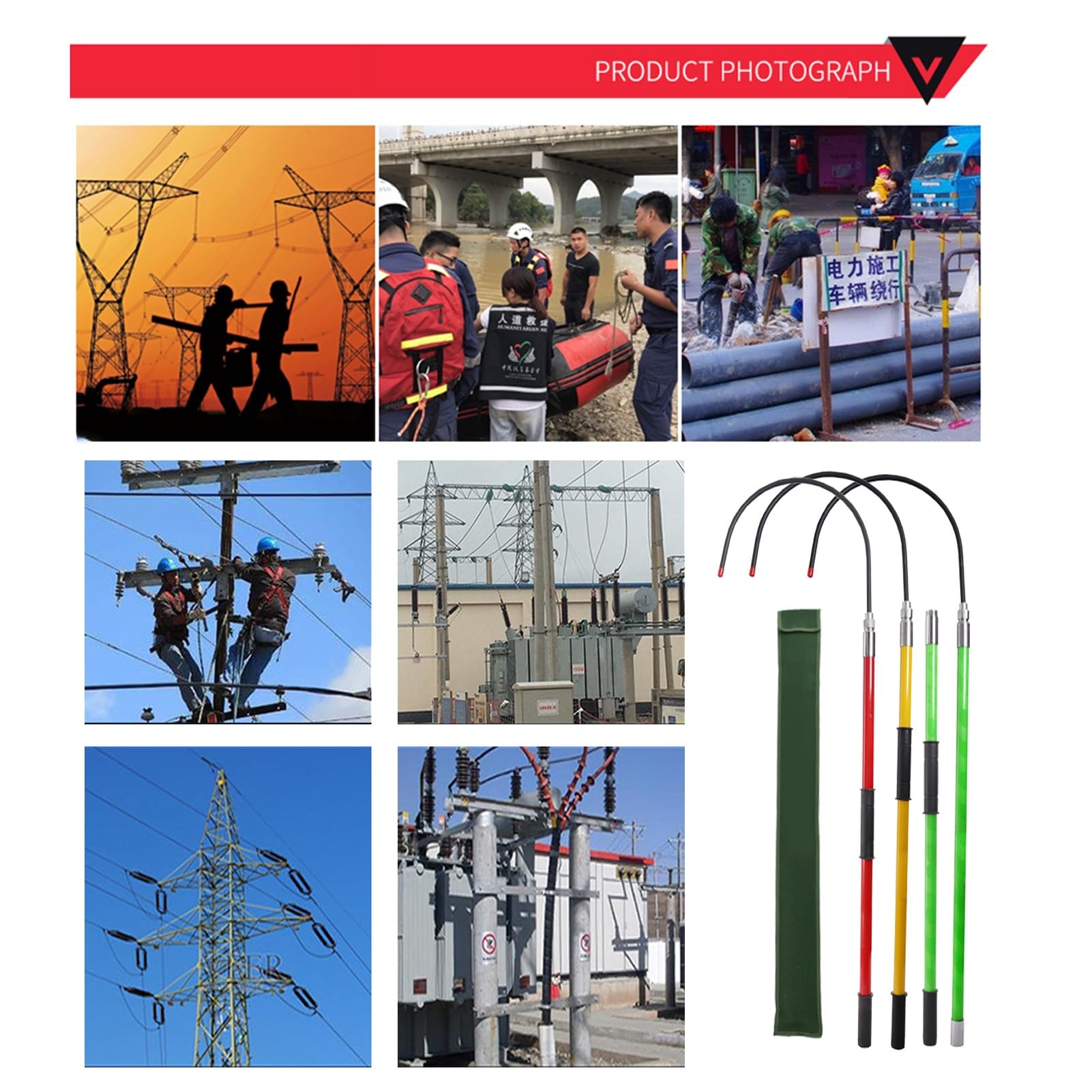 Hak ratunkowy bezpieczeństwa, zestaw izolowanych haków ratunkowych wysokiego napięcia, 10 kV 35 kV 110 kV 220 kV drążek ratunkowy, 6 stóp nieprzewodzący elektryczny drążek pociągowy, czerwony, 3M/11