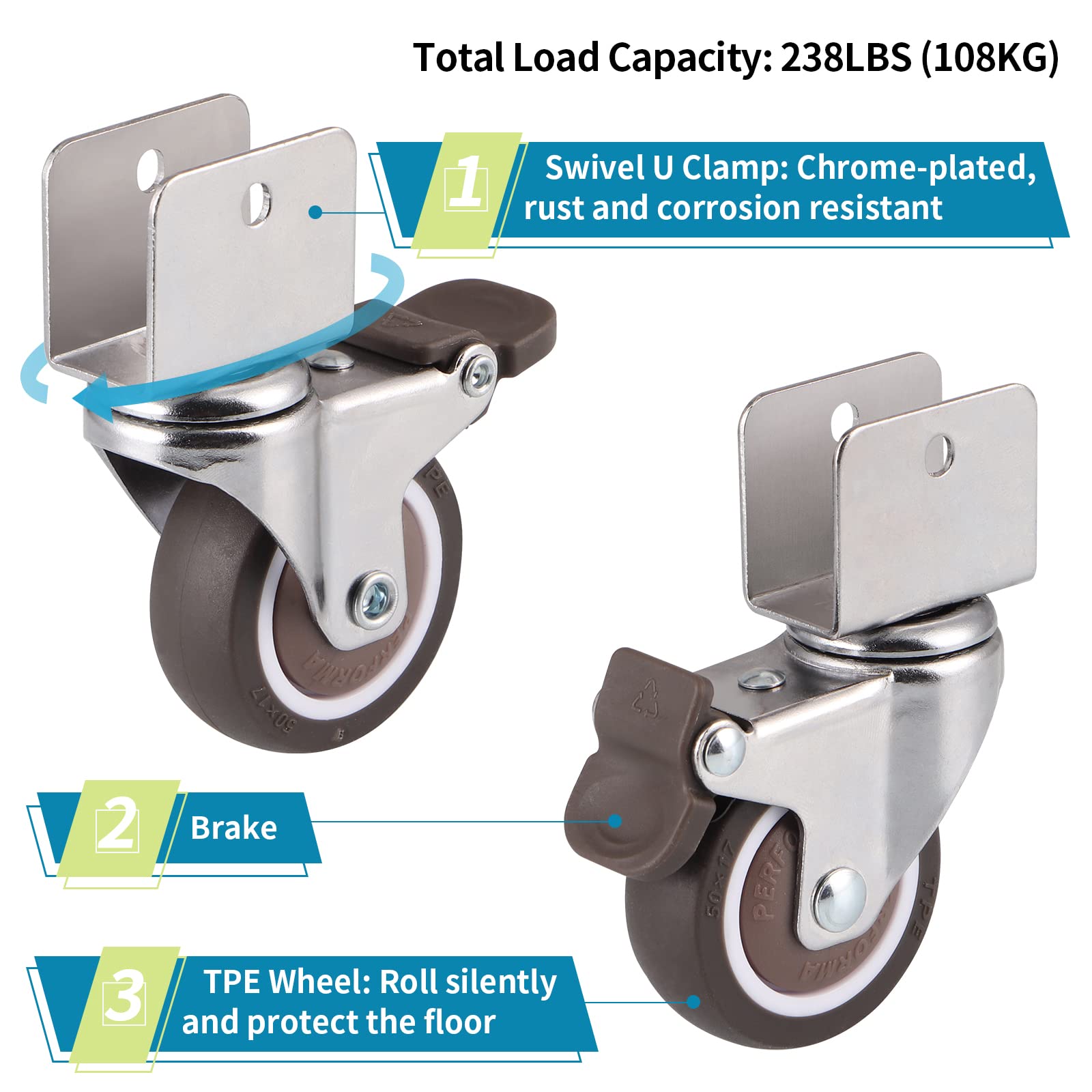 4 Ruote Girevoli Con Freni Skelang - Per Mobili, Gomma TPE, Carico 27 Kg L'una - Foto 2
