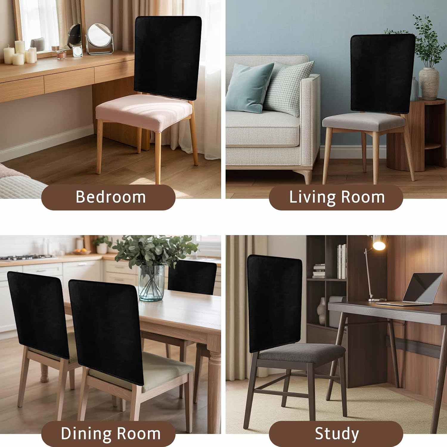Chair Back Covers for Dining Room Set of 4, Solid Art Minimalist Pure Black Removable Chair Slipcover 20x19in, Plain Single Dark Color Washable Chairs Covers Protector for Kitchen Party Holiday Decor
