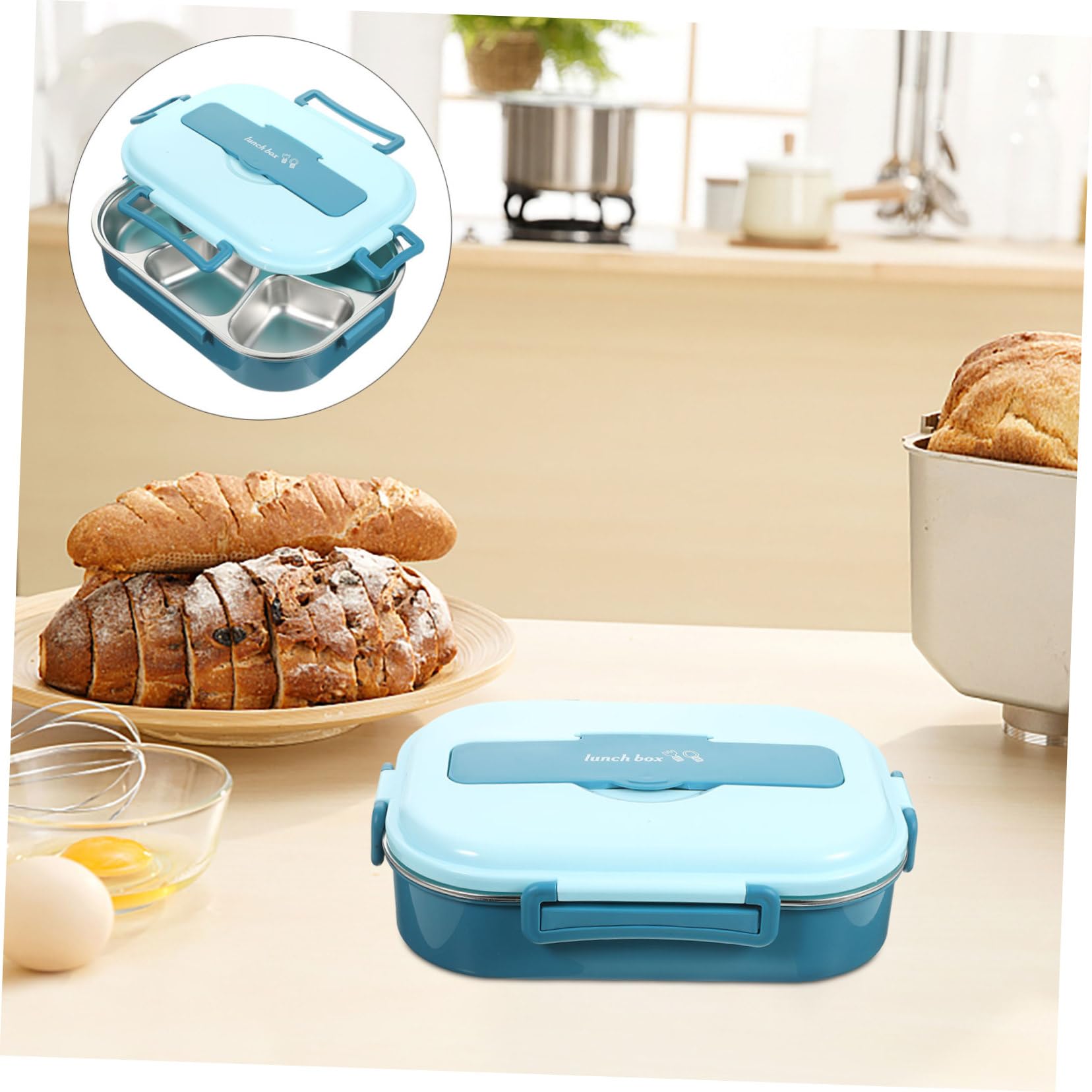 Boîte à Lunch Bento en Acier Inoxydable 1300ml 4 Compartiments | Bleu Pp Plastique, Étanche Anti-odeur, Présent Rentrée, École et Travail