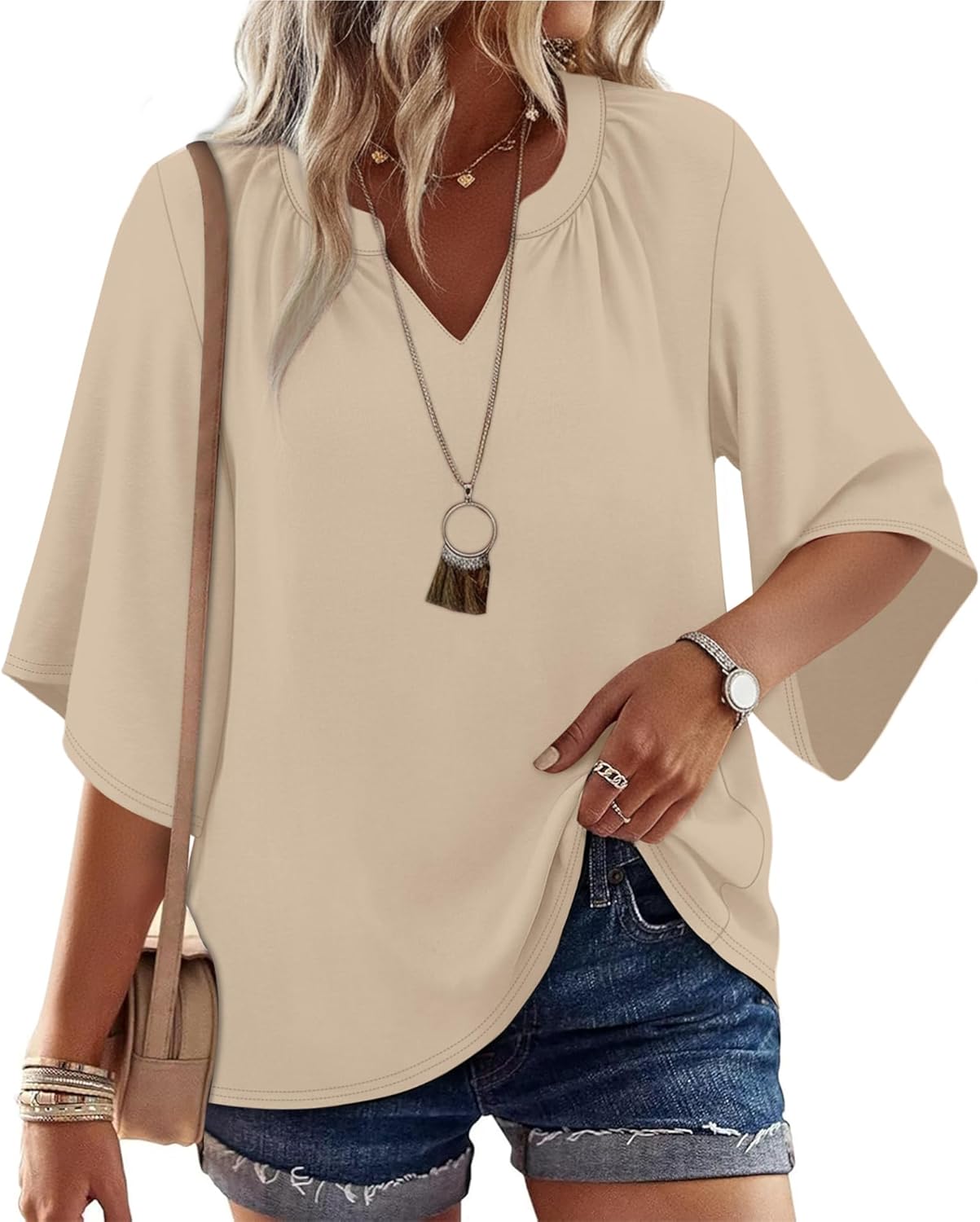 WIHOLL Boho Cute Summer Tops for Women 3/4 Sleeve Dressy Fashion V Neck Casual 2026 Business Beach Plus Size Holiday Blouses