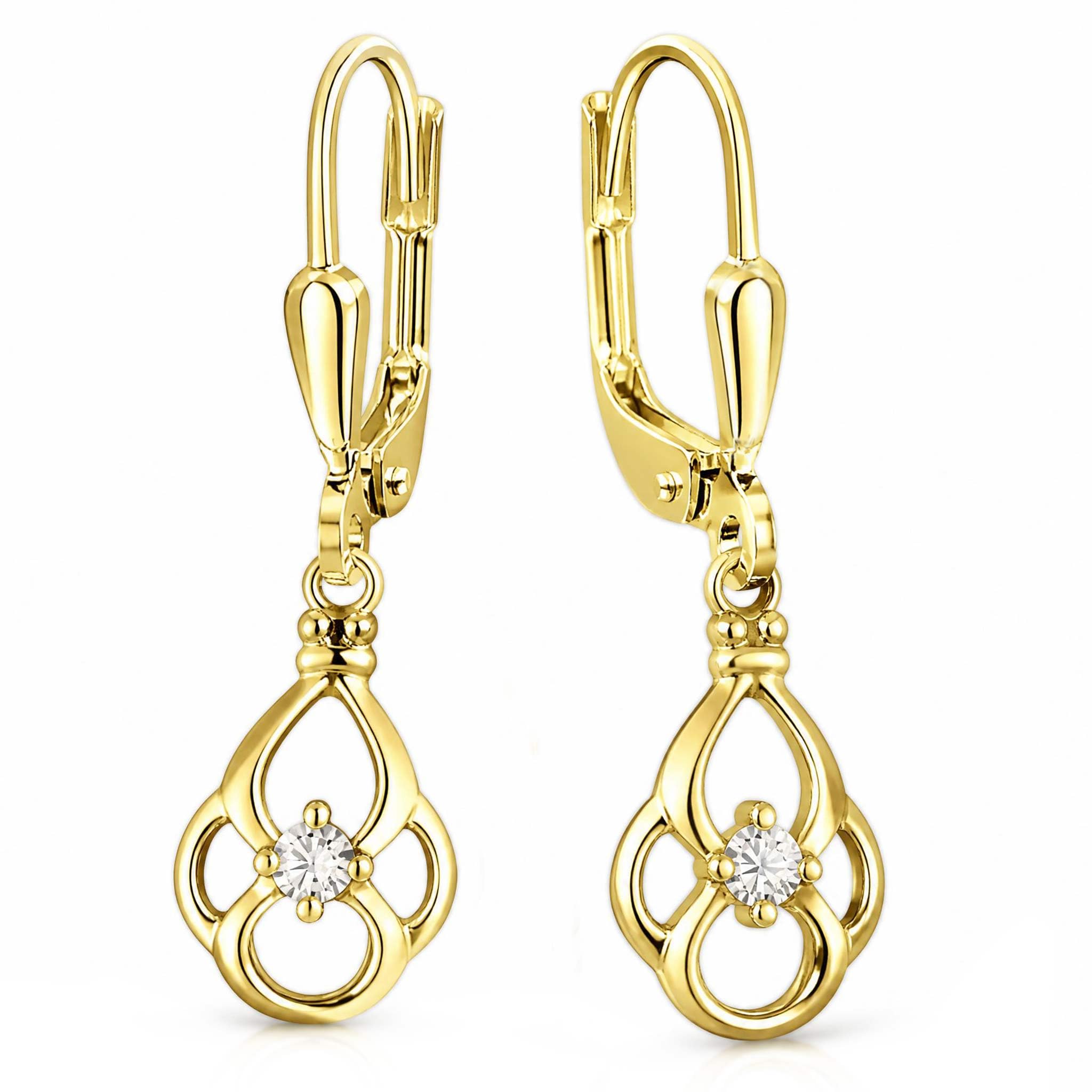 CLEVER SCHMUCK Damen Ohrring Gold hängend 27 mm Blütenform mit Zirkonia 333 8 Karat Hochzeit Schmuck im Luxus Etui