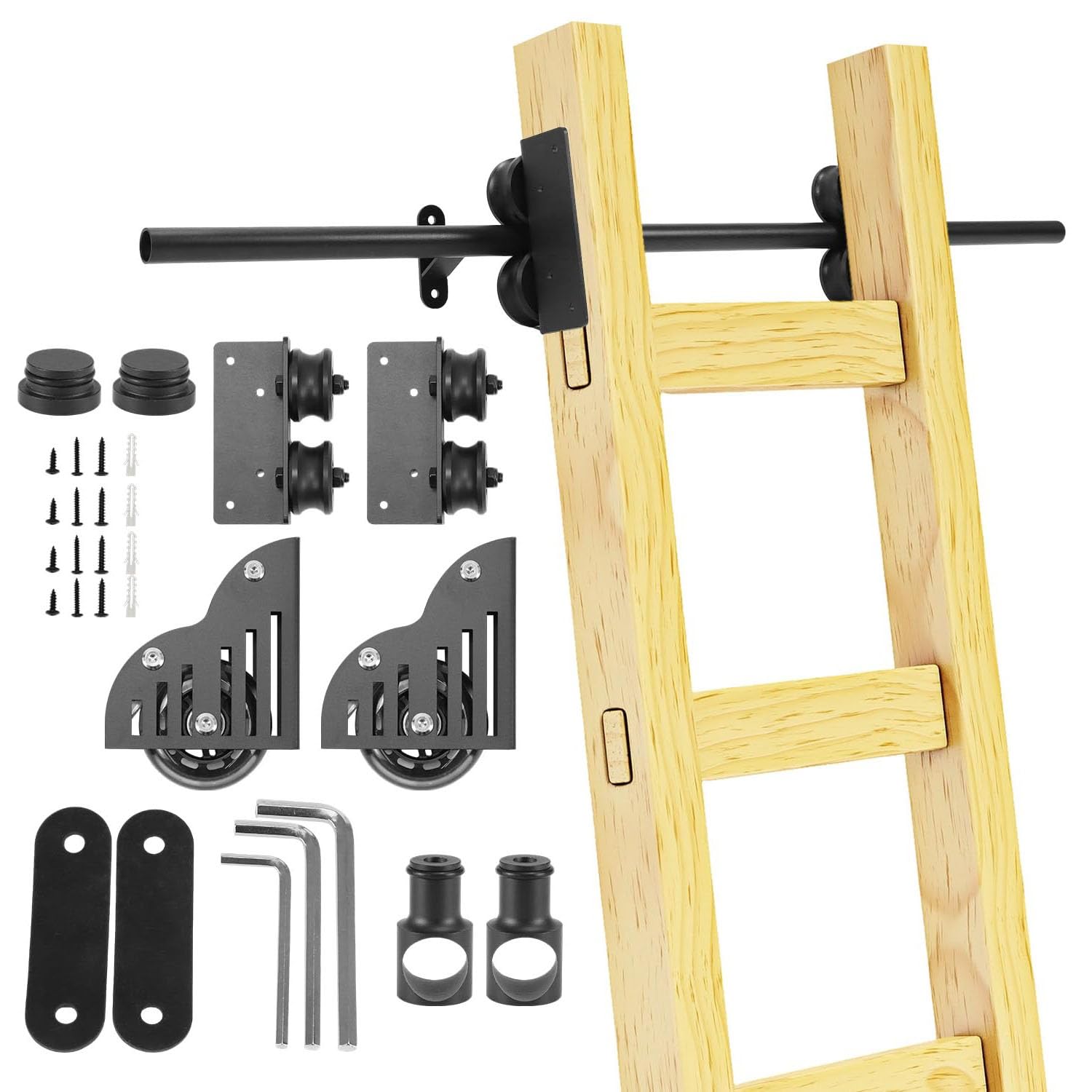 Kit de escalera retráctil con ruedas y riel de 200 cm en acero negro para estanterías altas