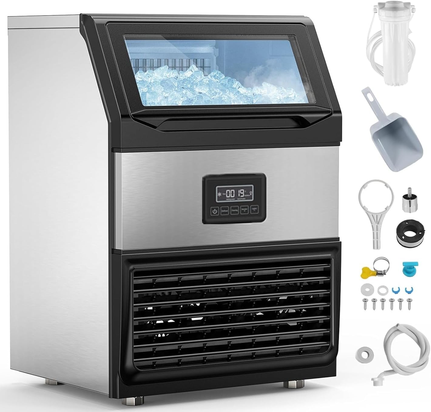 ROVSUN440LBS/24H Commercial Ice Maker, Freestanding/Under Counter Industrial Ice Machine with Time Reservation, 77lbs Storage Bin, LED Panel & Water Filter for Home Office Restaurant Bar Cafe