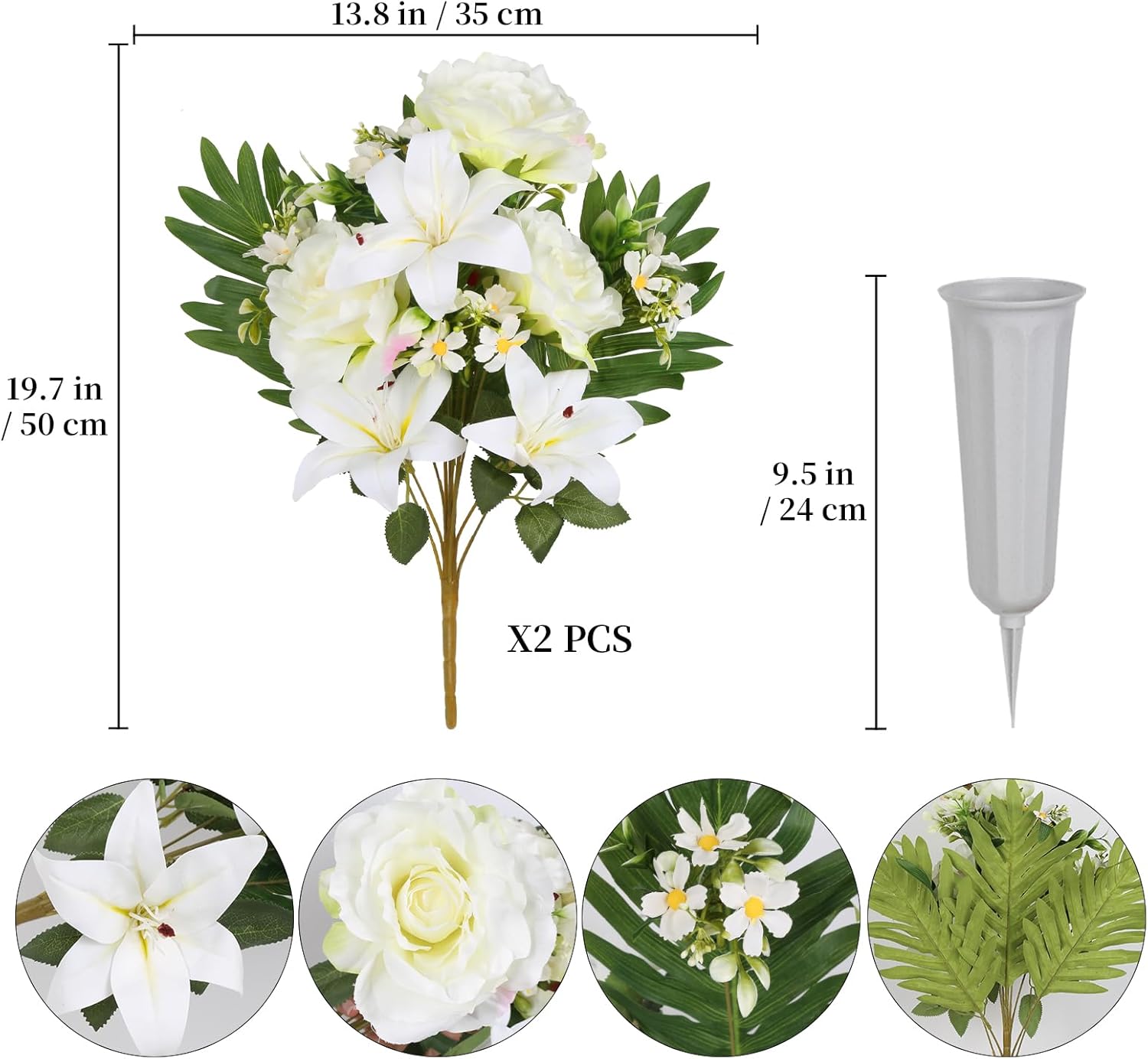 2Sets Artificial Cemetery Flowers with Cemetery Vase Artificial Rose Lily Graveyard Memorial Bouquets for Memorial Day Cemetery Headstones Outdoor Grave Decorations (White)