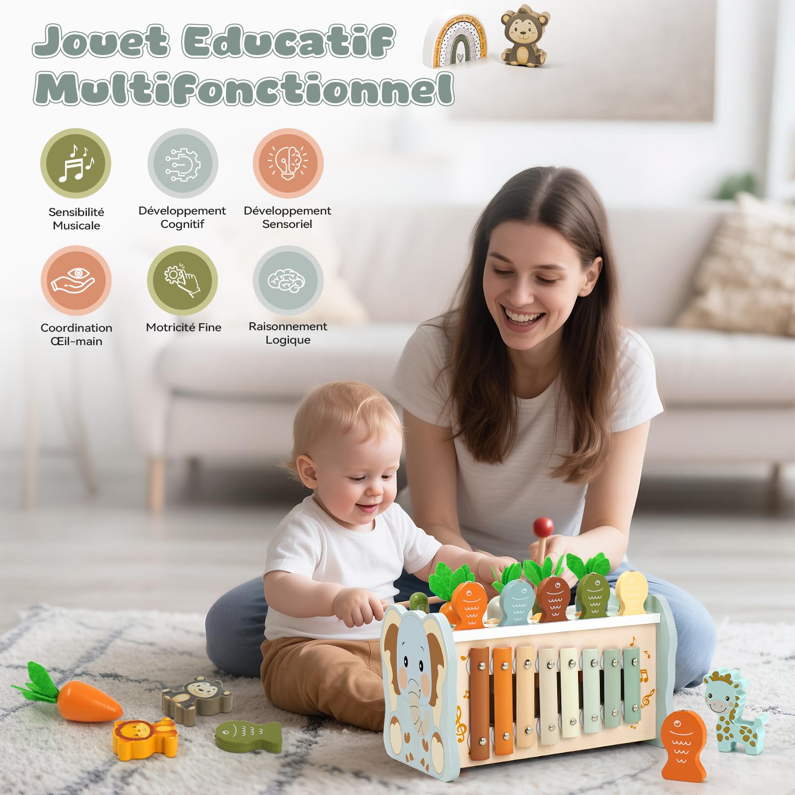Jouet Montessori 1 an 6 en 1 Bois Bebe avec Xylophone, Jeu de Taupe, Pêche, Engrenage, Cadeau Anniversaire Noël 1 2 3 Ans Garcon Fille