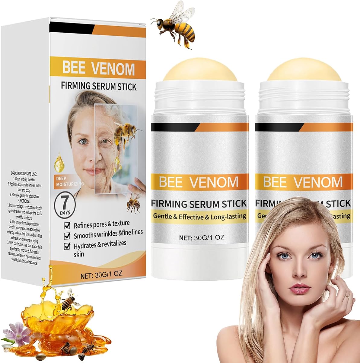 2PCS Bee Venom Firming Serum Stick, Anti-Ageing Facial Lifting Balm, Moisturising &amp; Nourishing Skin Repair, Reduces Wrinkles &amp; Sagging, Improves Skin Elasticity for Face Neck (30g)