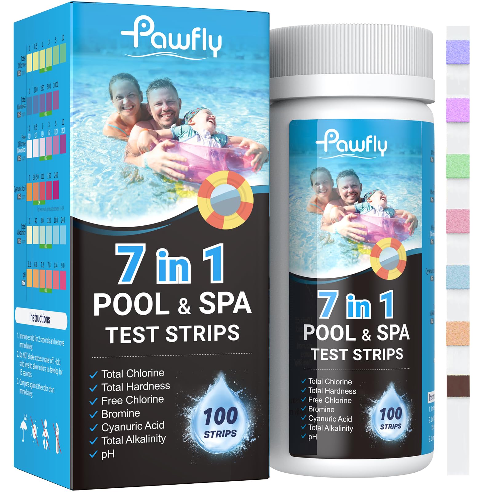 Pawfly 7-in-1 Pool & Spa Test Strips product packaging