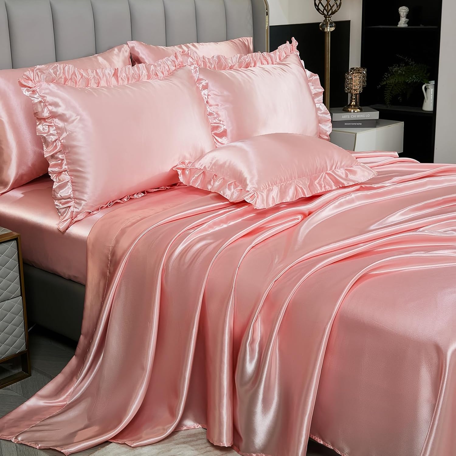 Herside Satin Pink Ruffle Comforter Set with Sheet Set Queen Size,8 Pieces Ruched Pleated Comforter Silk Like Satin Bedding Set,Soft Smooth Luxury Shabby Chic Silky Quilt Set for All Season - Image 6