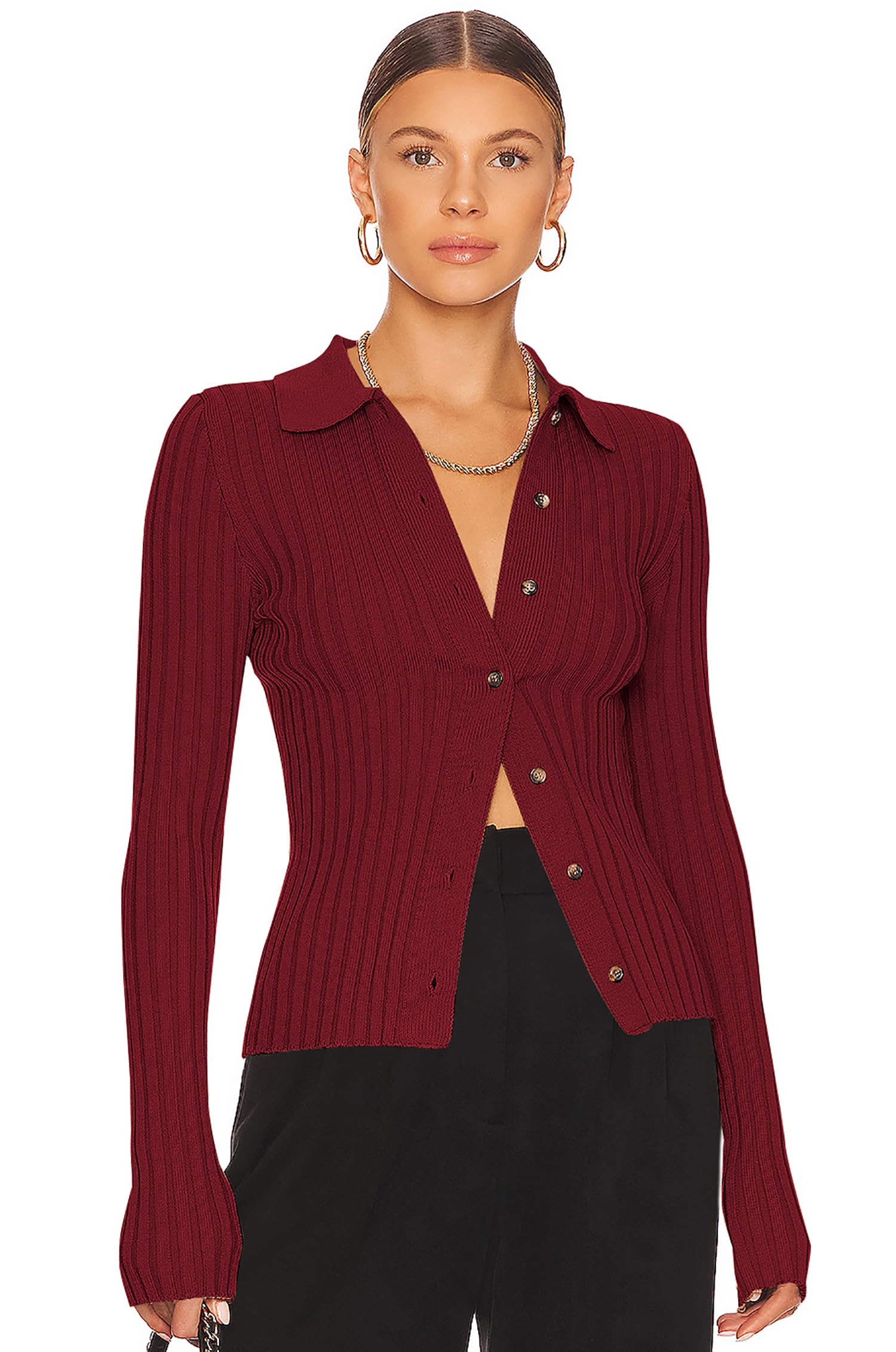 ZAFUL Womens V Neck Button Down Ribbed Sweater Cardigan Long Sleeve Polo Collar Slim Knitted Pullover