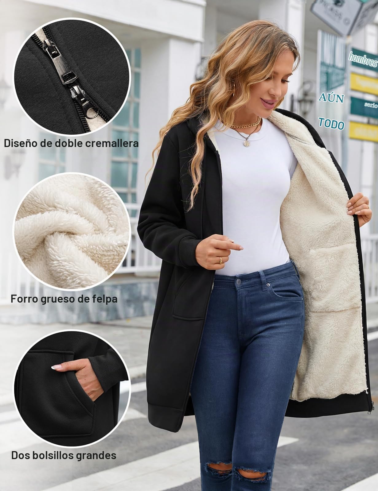 Nadeer Sudaderas con Capucha Abrigo Mujer Sherpa Liso Felpa Cremallera Medio-Largo Casual Cálido Fleece Cordón Señoras Sudadera
