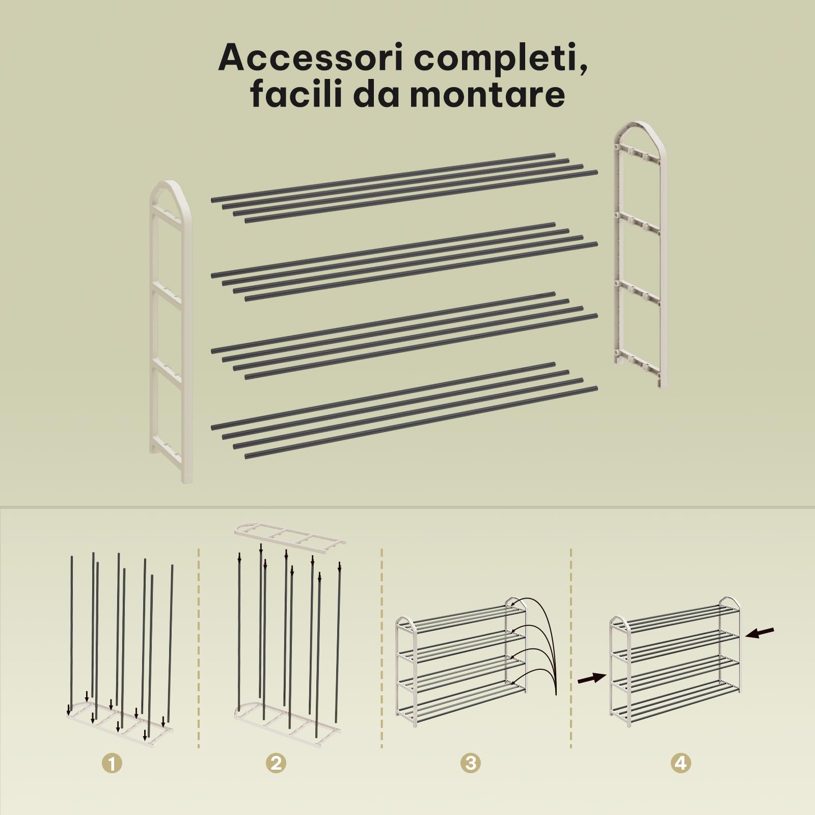 eSituro Scaffale Portascarpe 4 Livelli, Scarpiera Salvaspazio, in Tubo di Metallo, per Ingresso, Soggiorno, Camera da Letto, Crema+Grigio