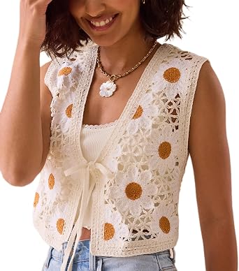 Yojeasrio Women Y2K Crochet Knit Vest Cute Tie Front Tank Top Sleeveless V Neck Crop Hollow Out Sweater Vest Going Out Tops