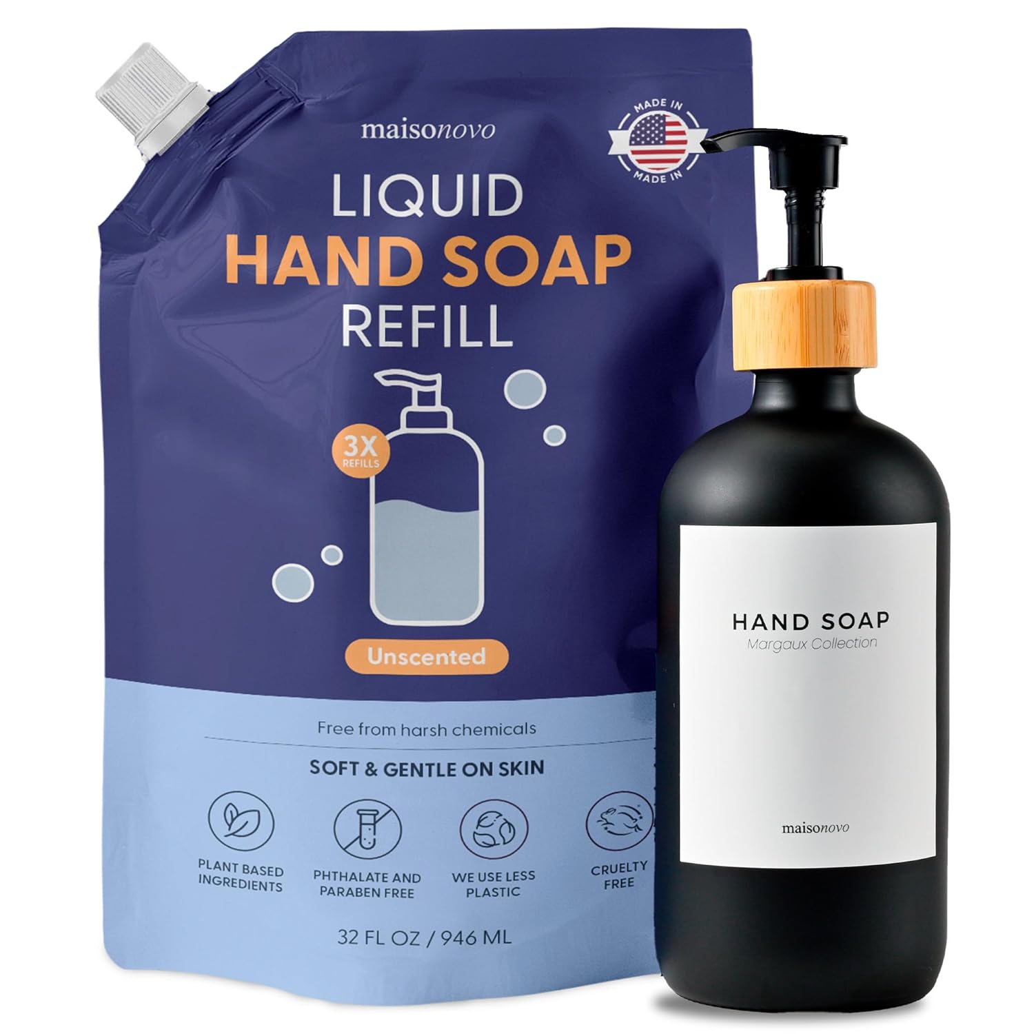 MaisoNovo Hand Soap Refills | Natural Hand Soap Refill Made in USA | Gentle Non Toxic Refill Good for All Skin Types | UnscentedRefill Pouch 32 oz