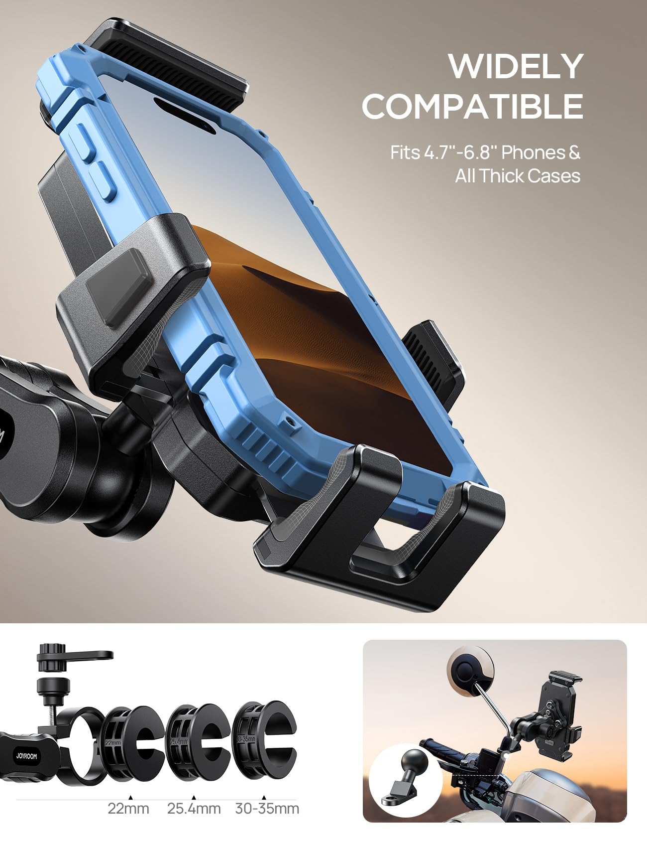 JOYROOM Uchwyt na telefon motocyklowy ze stopu aluminium, metalowy uchwyt na telefon motocyklowy z tłumikiem wibracji, do roweru, skutera ATV/UTV, kompatybilny z iPhone, Samsung, wszystkimi telefonami