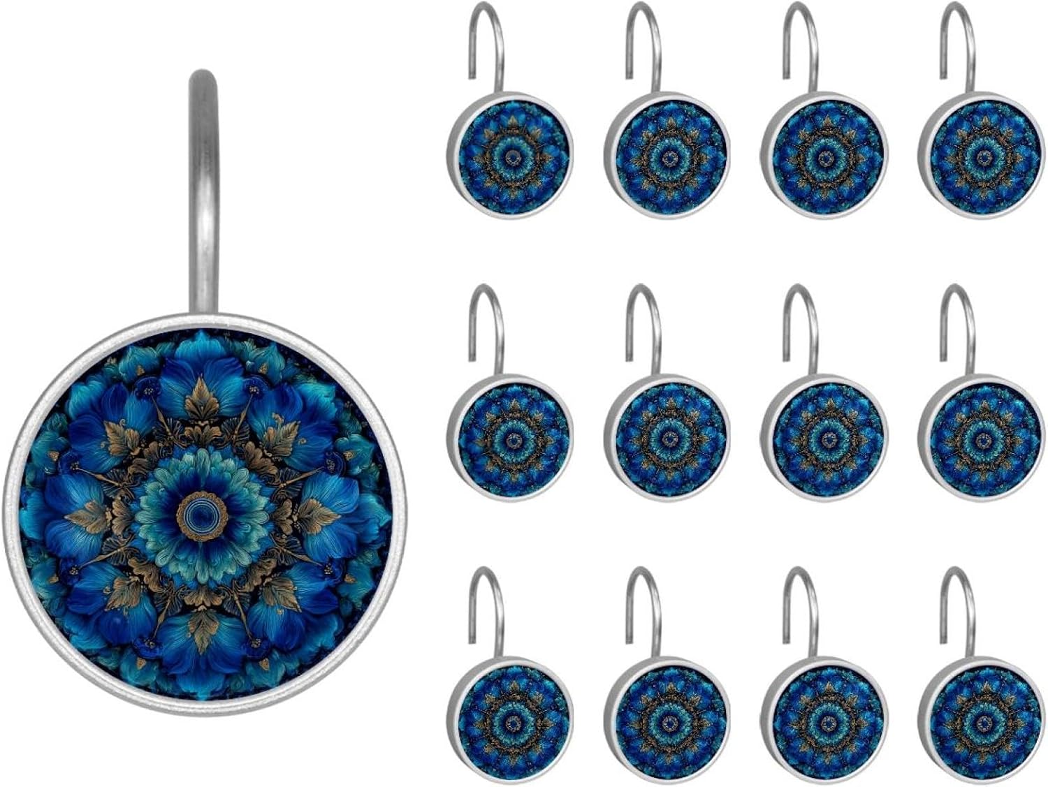 12PCS Blue Mandala Floral Shower Curtain Hooks Metal Rust Resistant Decorative Shower Curtain Hooks Bathroom Decorations