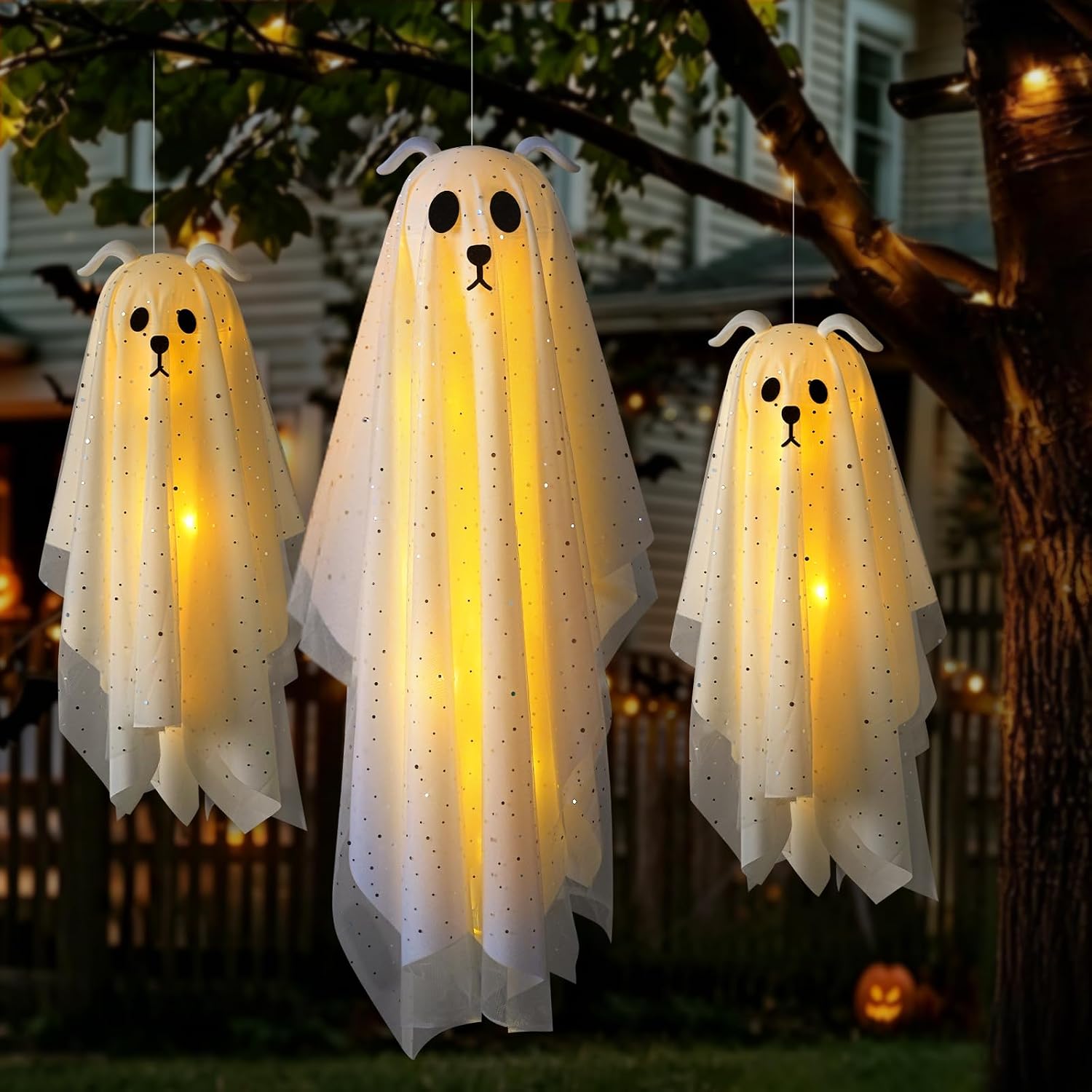 3 Pack Lighted Dog Ghost Hanging Ornaments