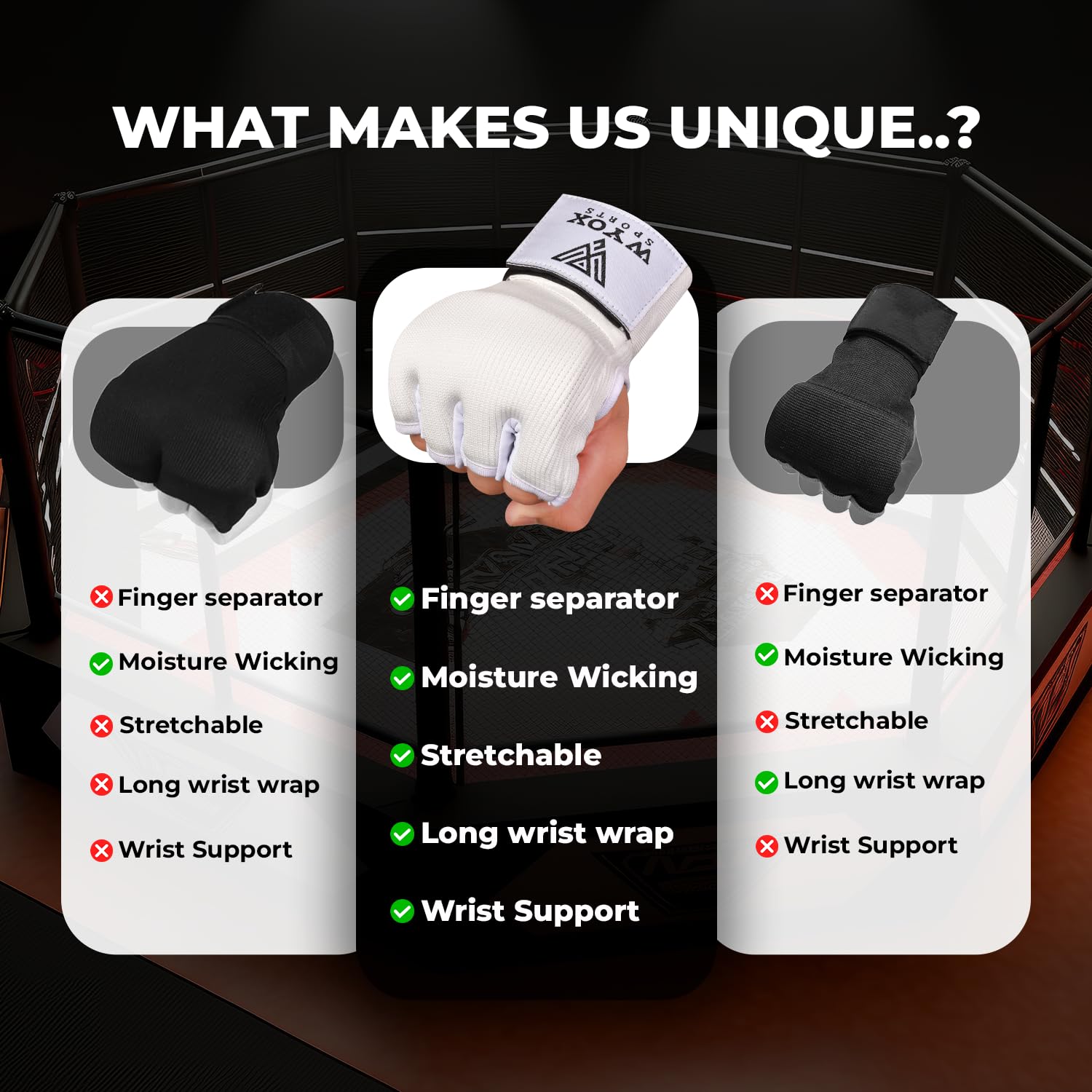 WYOX Guantoni interni in gel per uomo e donna, 80 cm, cinturino da polso rapido, supporto imbottito per nocche, senza dita, per MMA, Muay Thai, kickboxing, allenamento, pugni e arti marziali