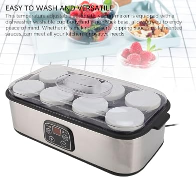 25w Yogurt Maker Machine 8 Individual 180 Milliliters Glass Jars 360 Degree Uniform Heat Automatic Program Control Shutdown Sound Alarm Ice Cream Maker with LCD Display (UK Plug 220vs)