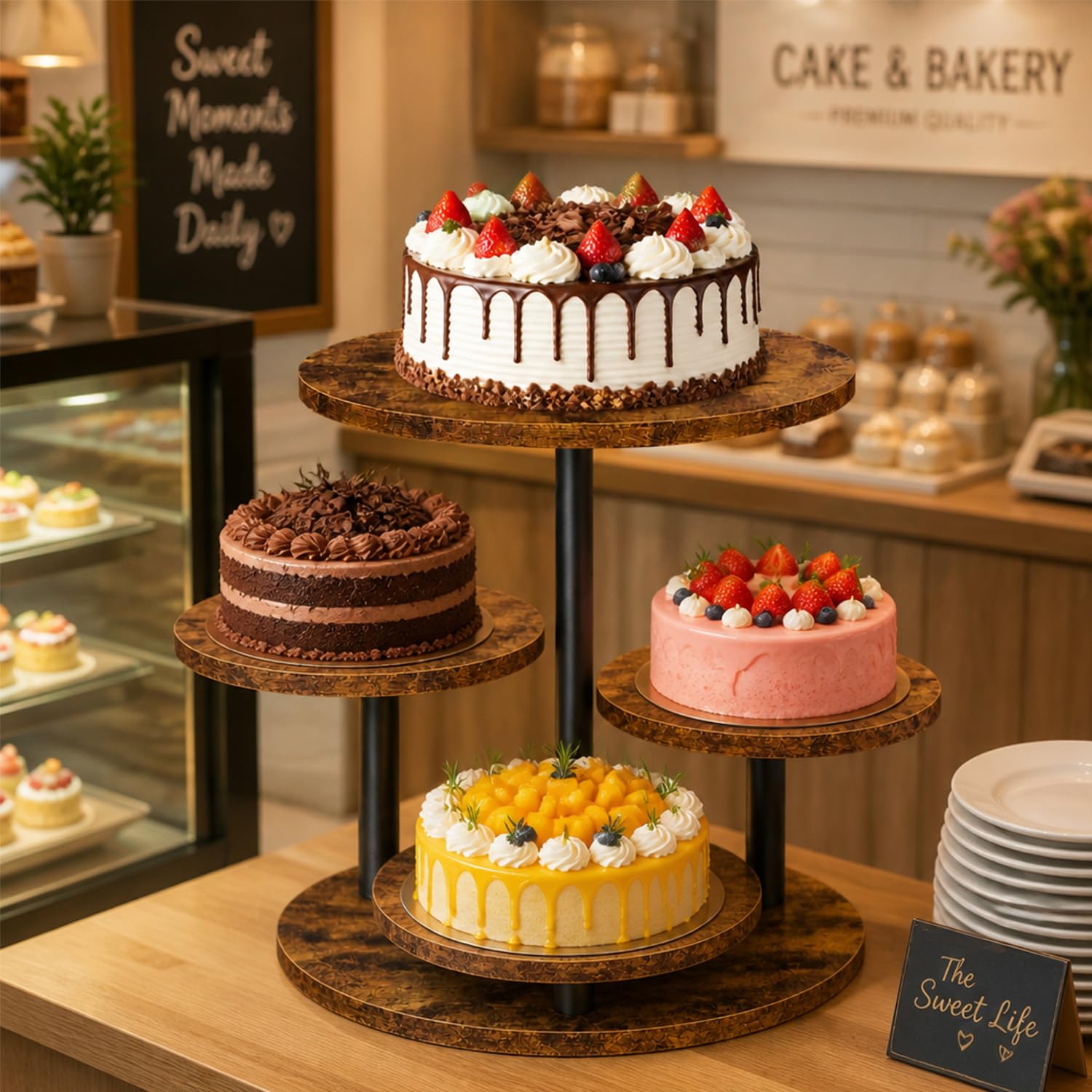 4-Etagen Kuchenständer aus Holz, 360° Tortenplatte Drehbar für Cupcakes, Donuts & Desserts,Kekse, Süßigkeiten, Tortenständer Ø 30cm/32cm für Hochzeit, Geburtstag & Mottoparty