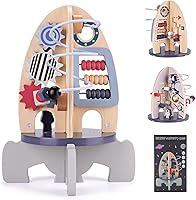 Wdmiya Wooden Rocket Activity Cube - Montessori Sensory Toy for 1 Year Old Babies, Educational Busy Board 6-18 Months Boys Girls