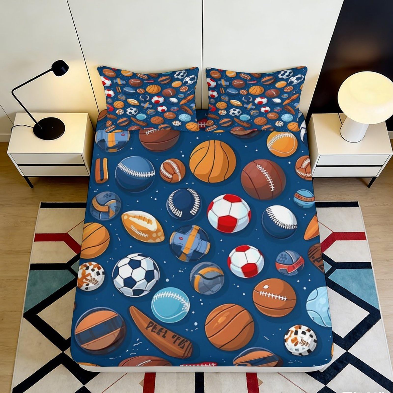3D Printed Sports Balls Fitted Sheet Microfiber Soft Breathable 3D Printed Ball Pattern Mattress Cover for Bedroom Dormitory Guest Room Mattress Protection 160x200x25cm