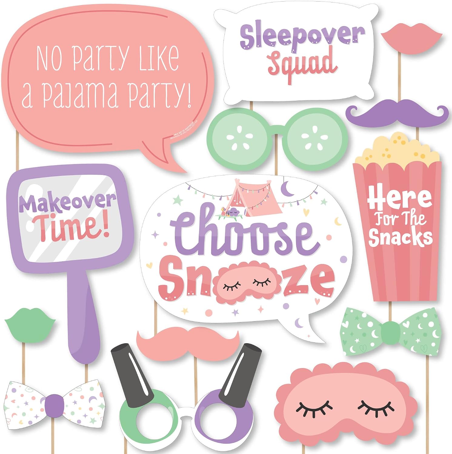 Pajama Slumber Party Photo Booth Prop Kit, DIY Cardstock Props - 20pc | Girls Sleepover Birthday Party Decorations, Masks and Speech Bubble Shapes for Kids, Prop Sticks Included, USA-made