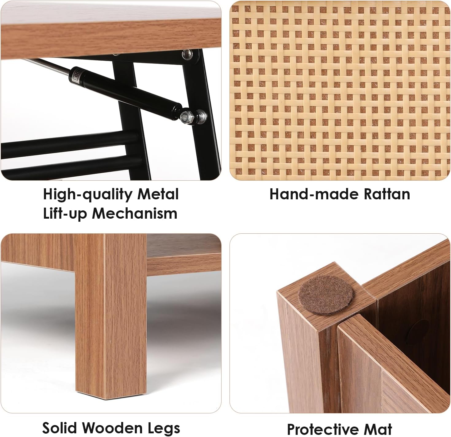 VOWNER Wood Lift Top Coffee Table with Large Hidden Compartment, Rattan Decorated Dining Table for Home Small Space, Bohemian Coffee Table with Storage for Home Living Room, Home Office, Espresso