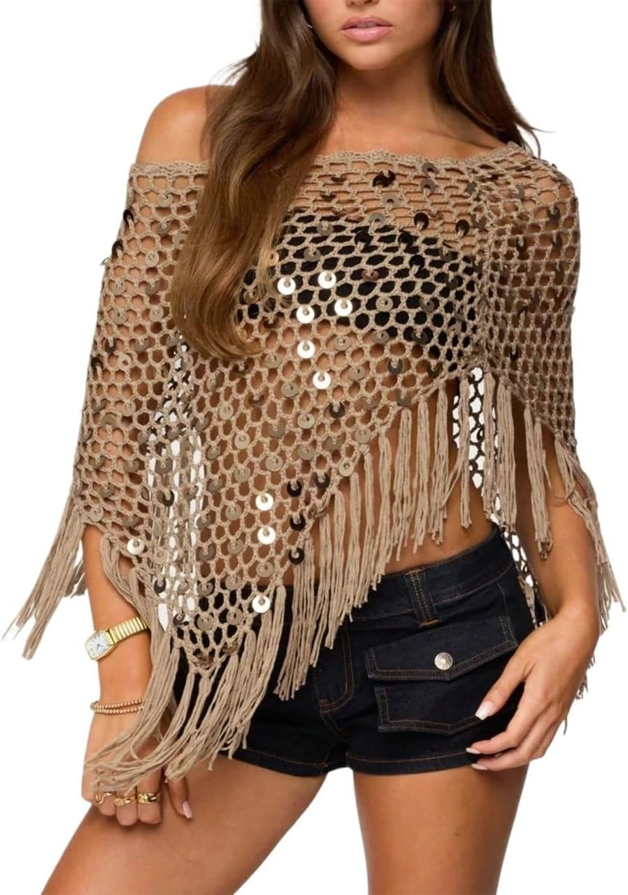 Sequin Women HollowPoncho Top Knit Mesh Batwing Sleeve Beach cover ups for swimwear