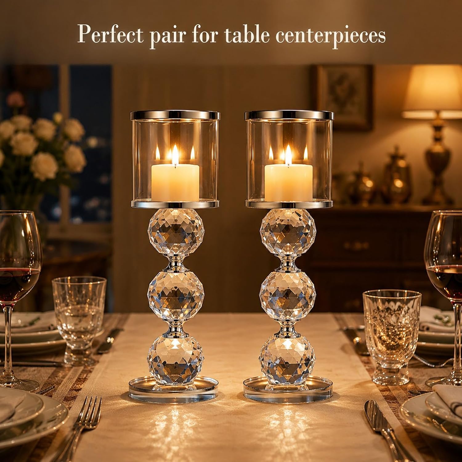 Hurricane Candle Holder,6.4" Tall Glass Candlestick Set of 2 Clear Crystal Candle Holders for Glass Taper Holder Decor for Wedding Birthday Party Christmas