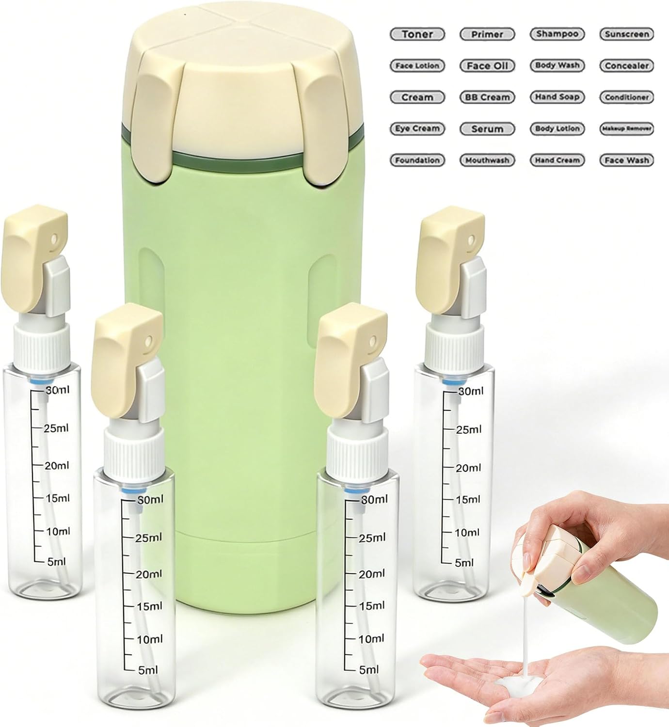 4 in 1 Travel Dispenser Bottle for Toiletries, 30ml Portable Travel Shampoo and Conditioner Bottle Set, Leakproof Refillable Travel Pump Bottles, 30ml Liquid Soap & Lotion Cosmetic Containers (Green)