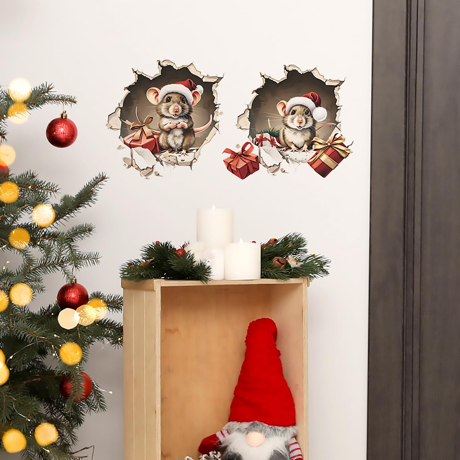 Christmas 3D Mouse Wall Decals: Cute Mouse in Hole Stickers, Removable, Waterproof, Winter Xmas Fun for Wall, Home, Kids Room, Living Room, Bedroom, Nursery Decor