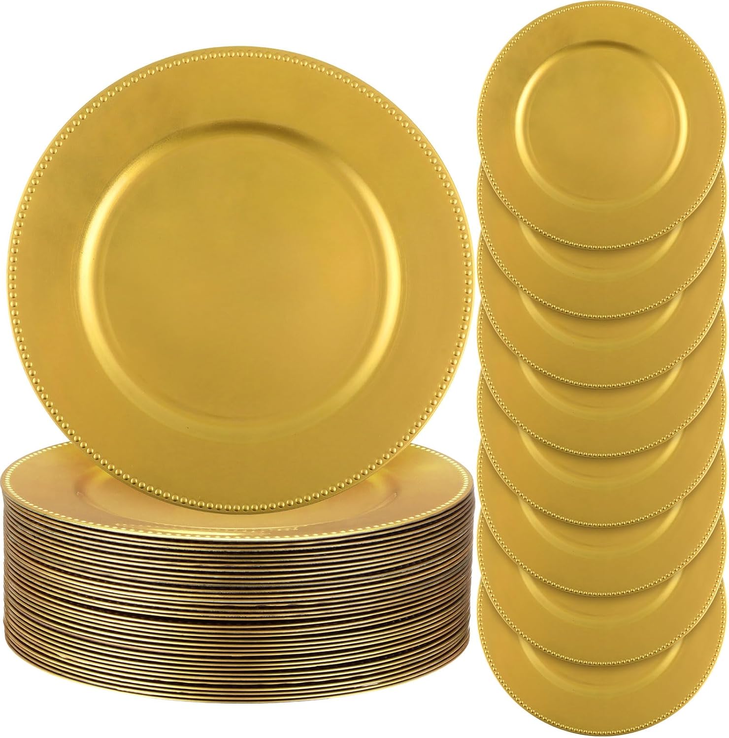 Jinei 36 Pack Gold Charger Plates 13 Inch Plastic Beaded Round Charger Plates Wedding Table Decoration Reusable Dinner Plate Tray for Birthday Party Holiday Event