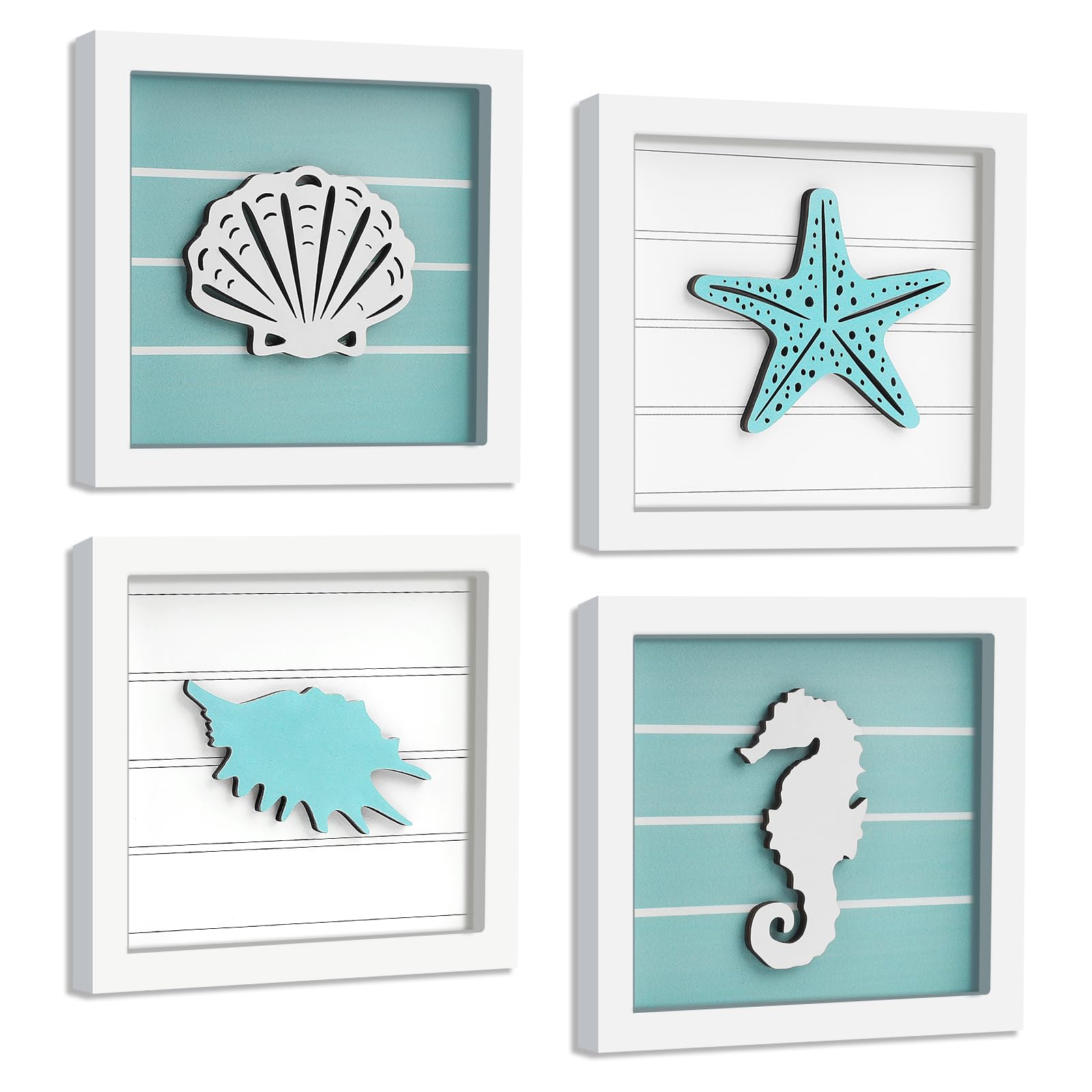 DETENE 4 Pcs Summer Coastal Wall Decor Ocean Beach Themed Room Decor 3D Shells Starfish Seahorse and Conch Decorations Rustic Ocean Coastal Themed Wall Art