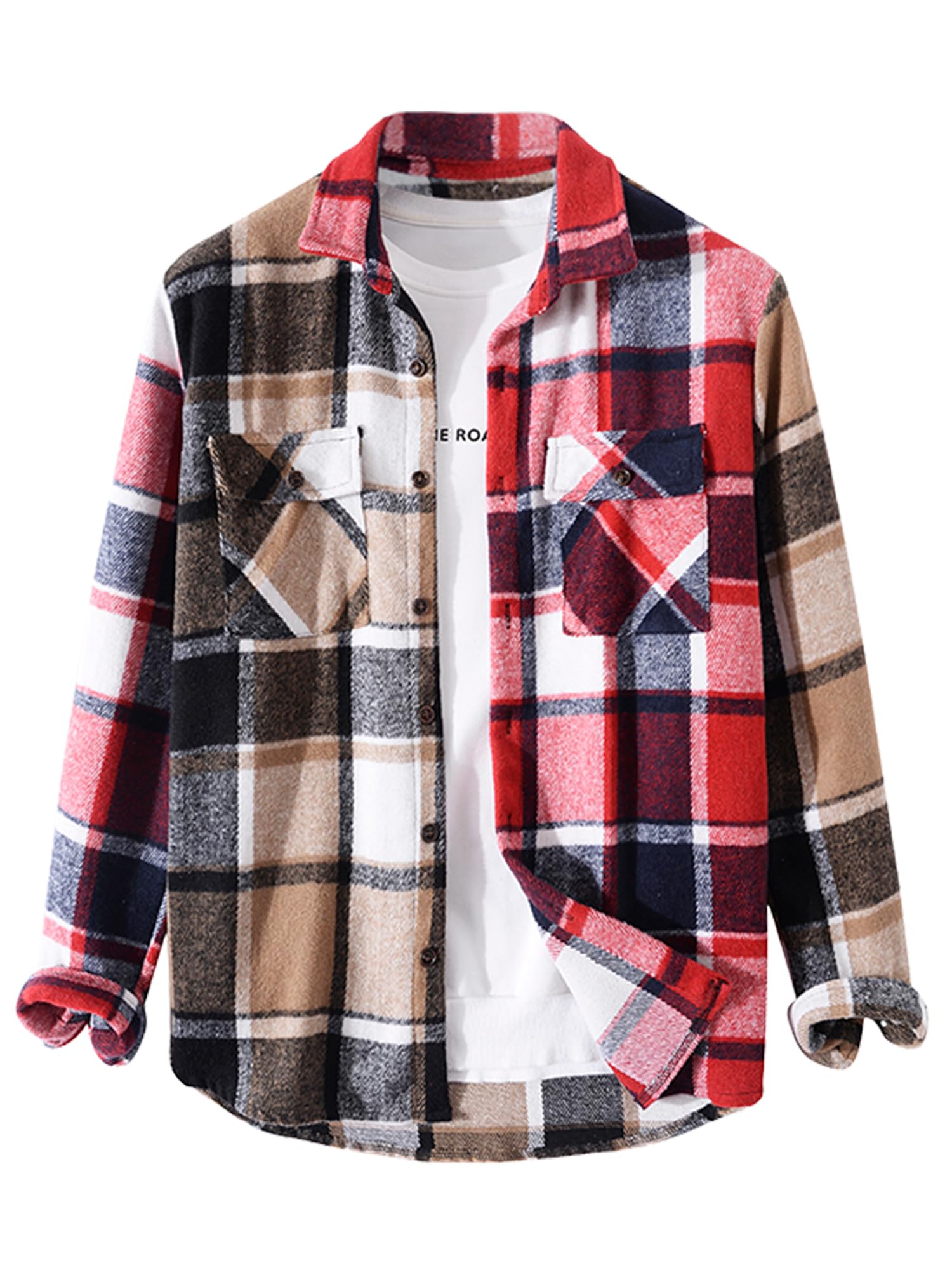ZAFUL Unisex Plaid Flannel Shirt Jacket Button Down Long Sleeve Pocket Coat Outwear