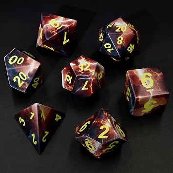 DND Dice Set Fire & Thunder Theme - 7Pcs Polyhedral Dice Bold Yellow Numbers with Box for Dungeon and Dragons D&D RPG