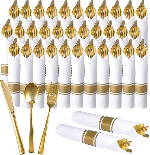 Vista 9 de Juego de 60 cubiertos de plástico dorado preenrollados, cubiertos desechables de plástico dorado, juego de servilletas y cubiertos preenrollados