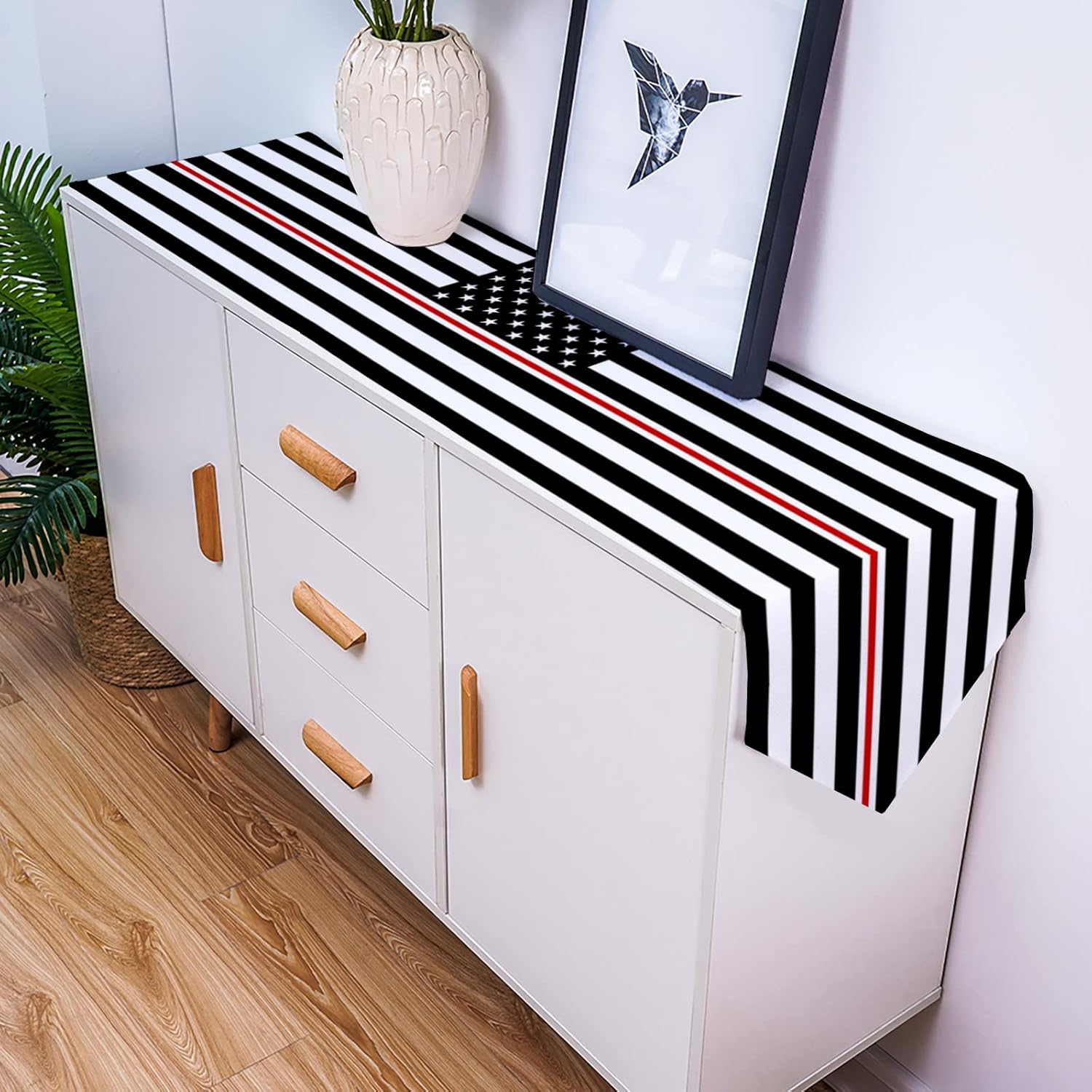 Z&L Home National Day USA Flag Burlap Table Runner,Black Stripe Star Table Runners,Cotton Linen Plaid Dresser Scarves for Farmhouse Kitchen Dinning Party Holiday Decor Outdoor 60 inches Long