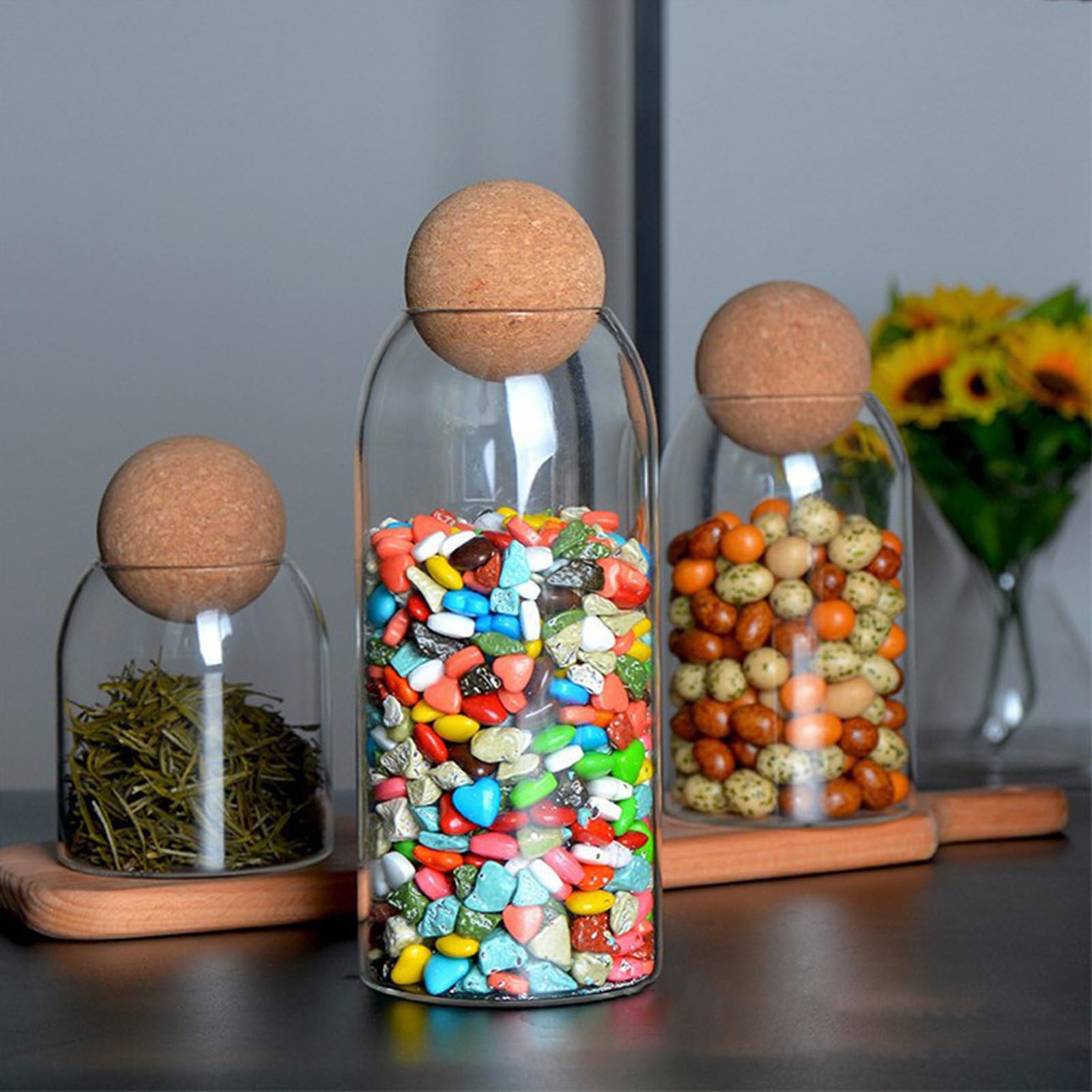 Botes Especias de Vidrio, Tarros Especias Hermetico con Sello de Corcho de Madera Redondo, Botes para Especias, Spice Jars para Servir Té, Café, Especias y Azúcar, 500 ml/800 ml/1200 ml