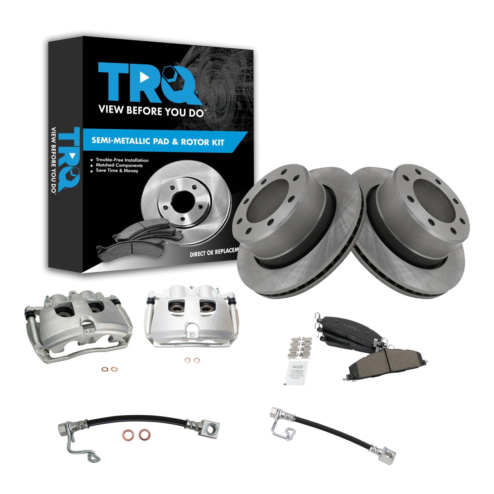 TRQ Rear Brake Pad, Caliper, Hose, &amp; Rotor Kit Semi-Metallic Compatible with 2009-2010 Dodge Ram 2500, 3500 2011-2013 Ram 2500 2011-2012 3500