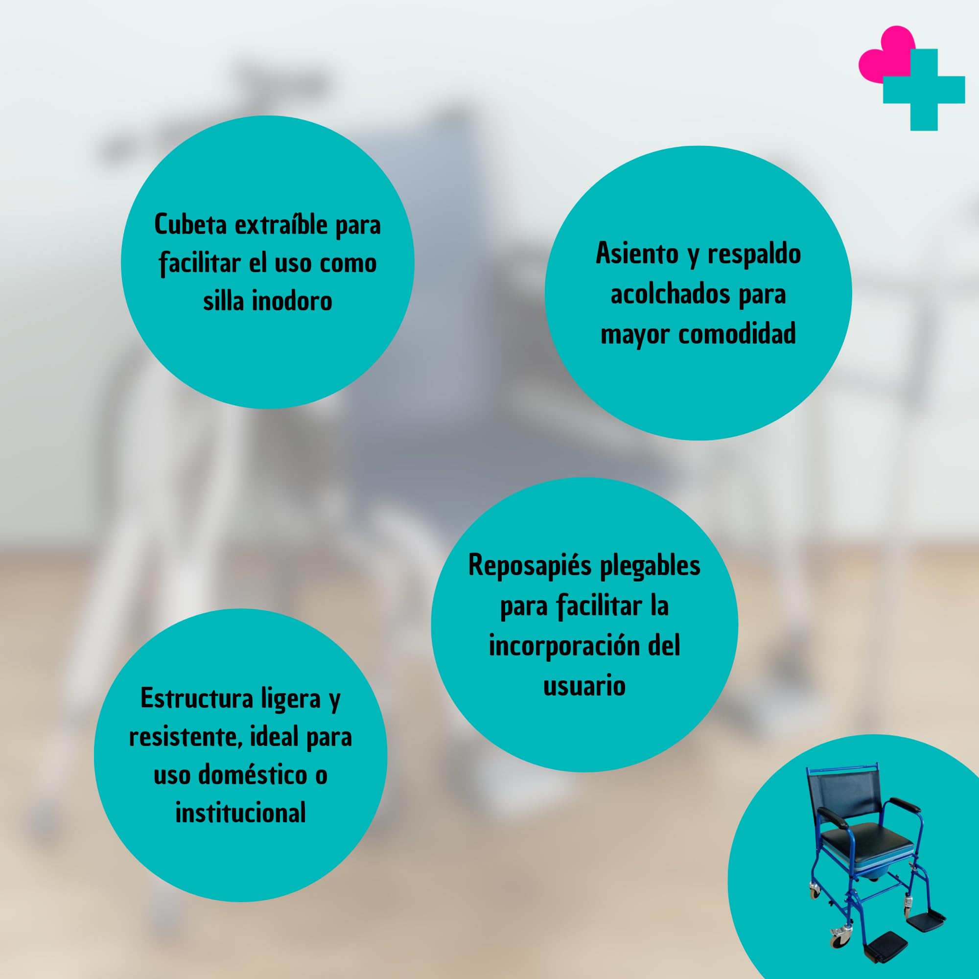 GERCARE Silla Ducha con Ruedas de Traslado con Cubeta. Silla WC Personas Mayores con Estructura de Acero Resistente. Silla Baño Adulto con Reposapies. Ideal para Baño, Traslado y Cuidado de Mayores
