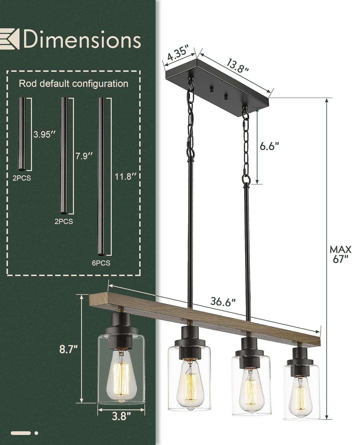 Diagram showing the dimensions of the light fixture and the various lengths of extension rods for height adjustment