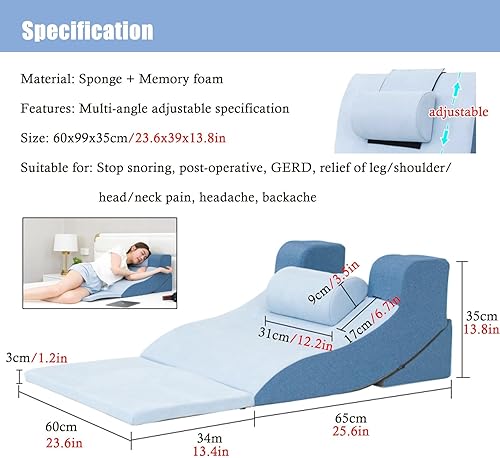 Miniatura 2 de Blue Acid Reflujo Almohada de viaje, almohada de cuña de cama de 14 pulgadas de alto para Gerd después de cirugía, parálisis cerebral, mastectomía,