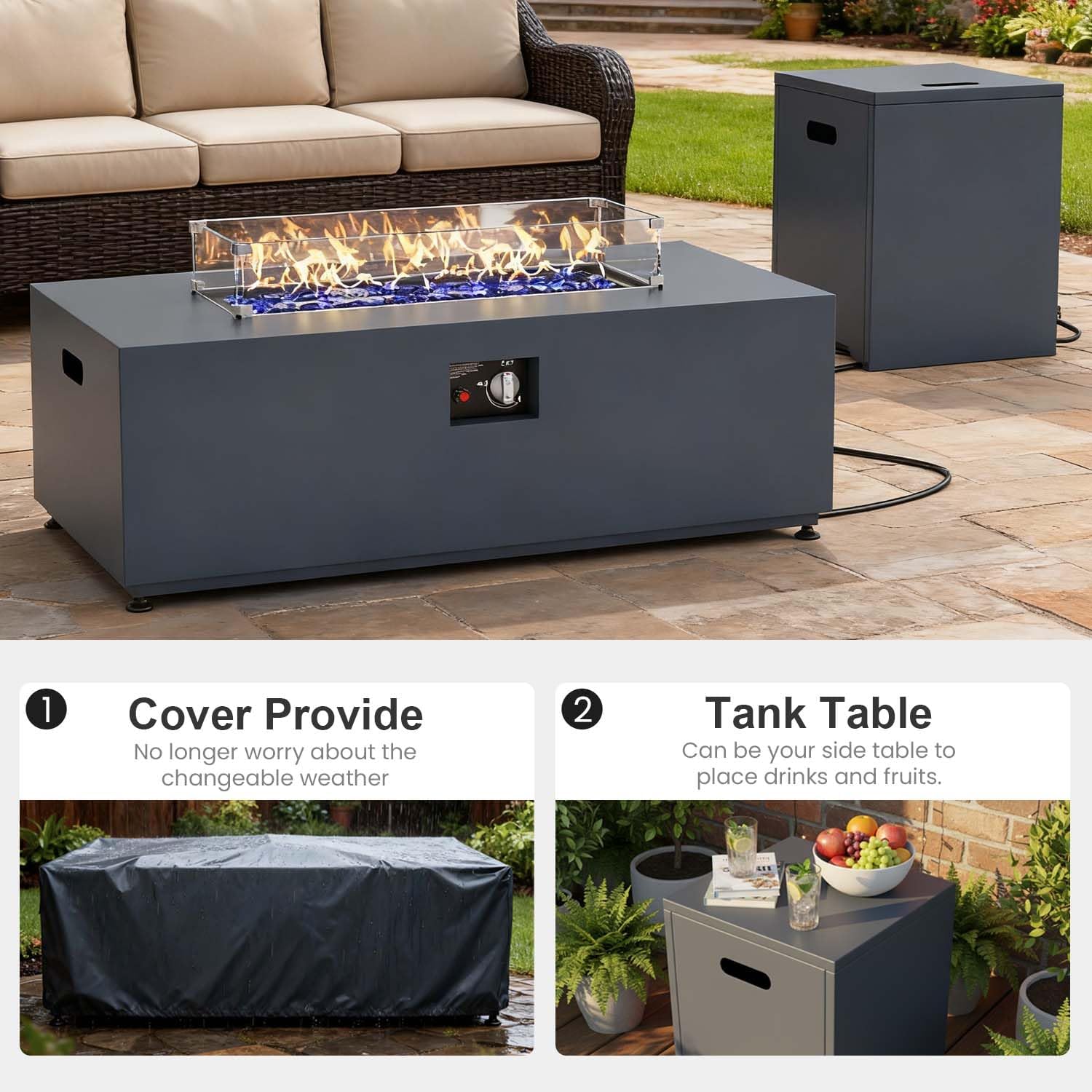42" Propane Fire Pit Table Set with Tank Holder, Rectangle 2-Piece Outdoor Firepit Wind Guard, Lid, Glass Stones and Cover
