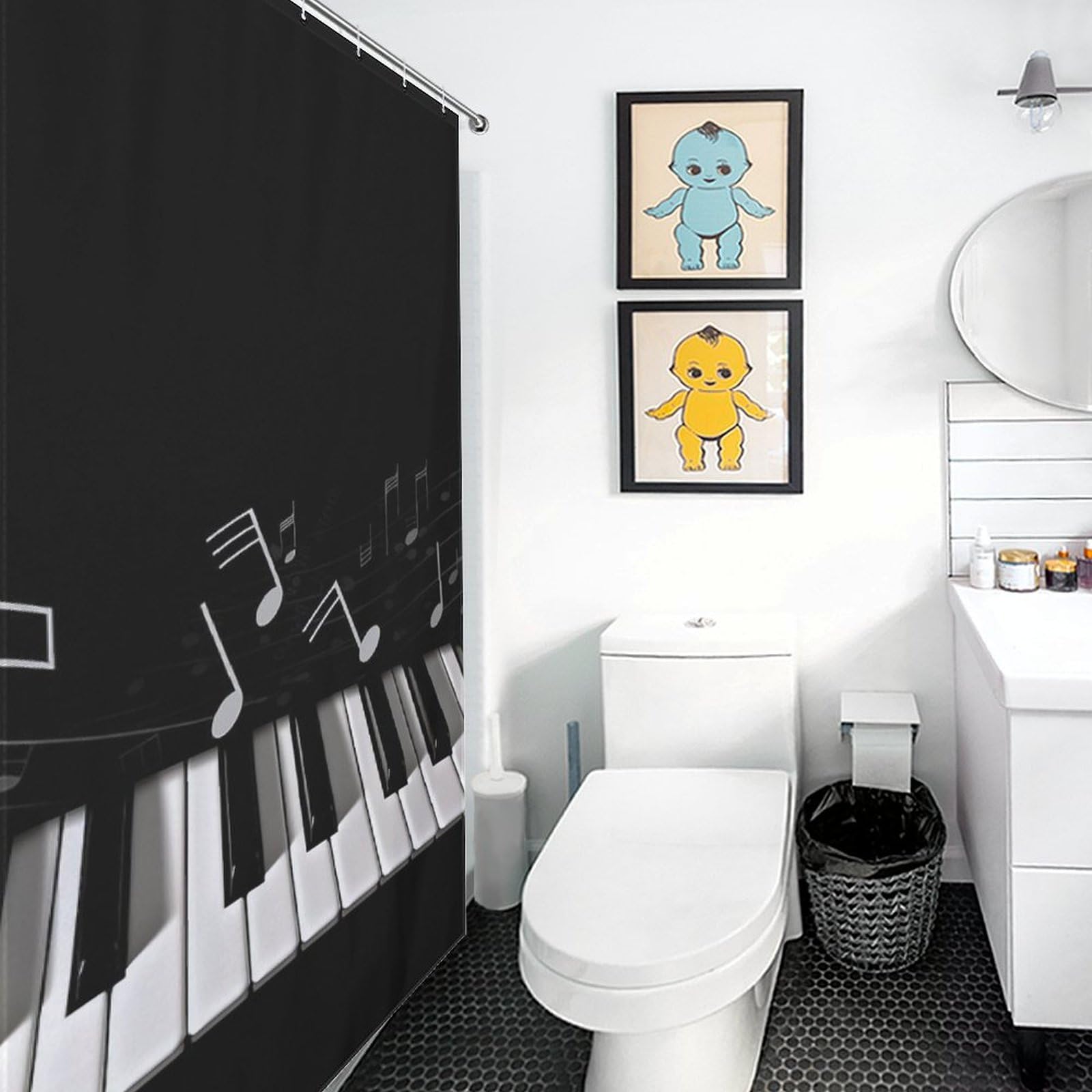 OURTEV Douchegordijnen voor badkamer decoratieve badkamer gordijn zwart wit muzikale noot hotel bad gordijn met haken lange gordijnen voor badkamer douches tak douchegordijnen