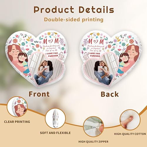 Miniatura 5 de Personalized Photo Pillow Mother Gifts, Custom Heart Shaped Pillow with Picture, Unique Birthday Gift for Mom, Double Side Print 18 Inch