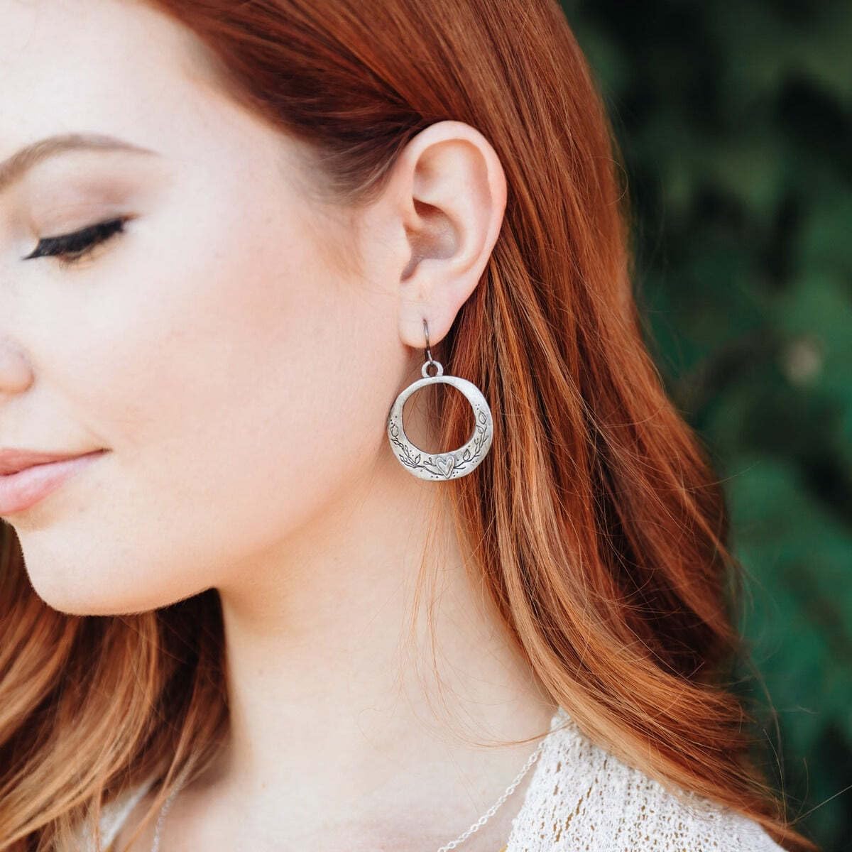 Let Love Grow Hoop Earrings Pewter by Lisa Leonard Designs Etched Flower with Heart Accent Bohemian Style Jewelry Gift Handmade Artistic Nature Inspired Accessory